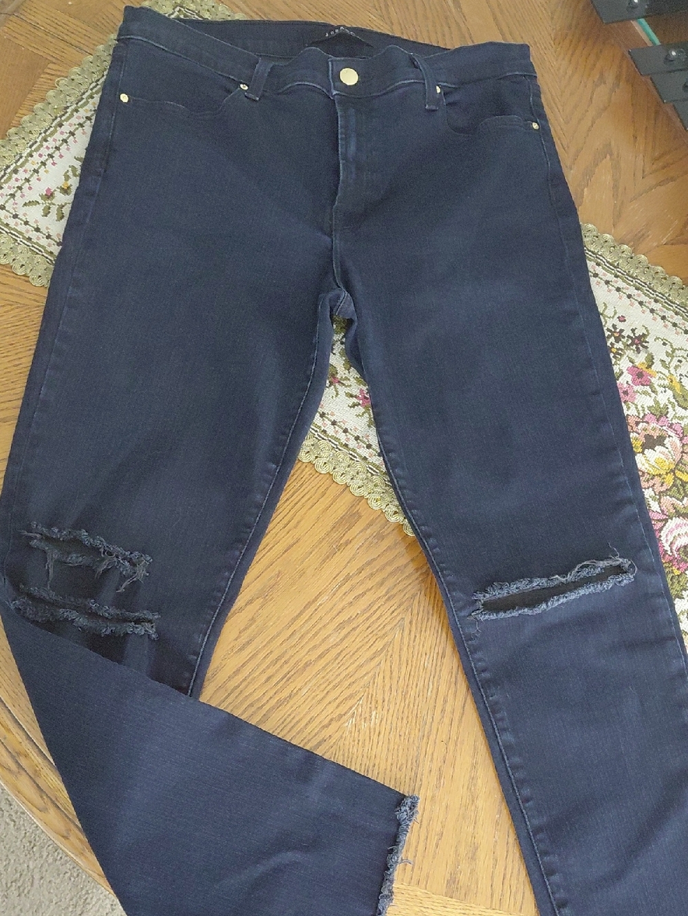 J Brand Blue Mercy Dark Indigo Jeans with Knee Distress